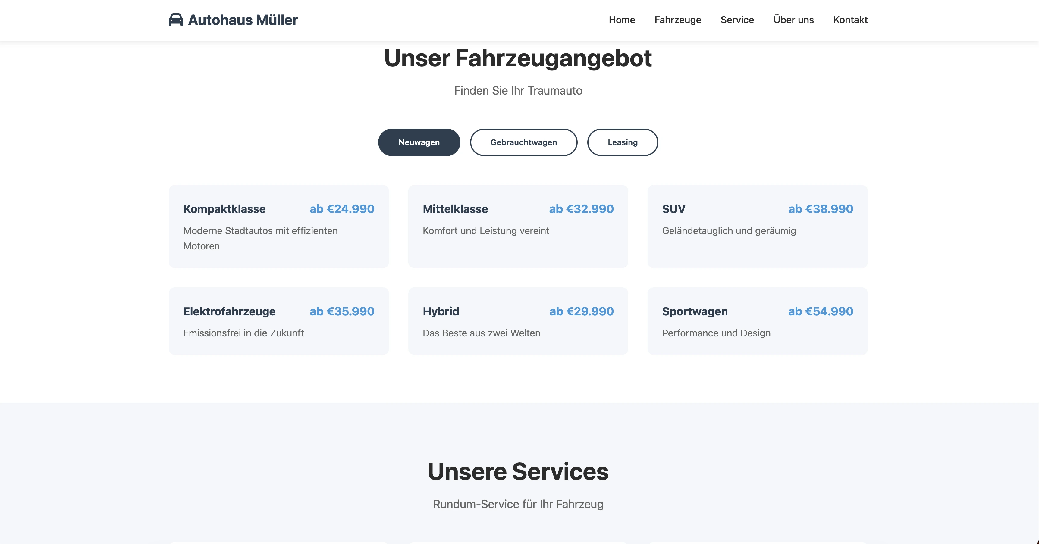 Autohaus Müller - Demo-Website für Autohäuser mit Fahrzeugpräsentation und Werkstatt-Service