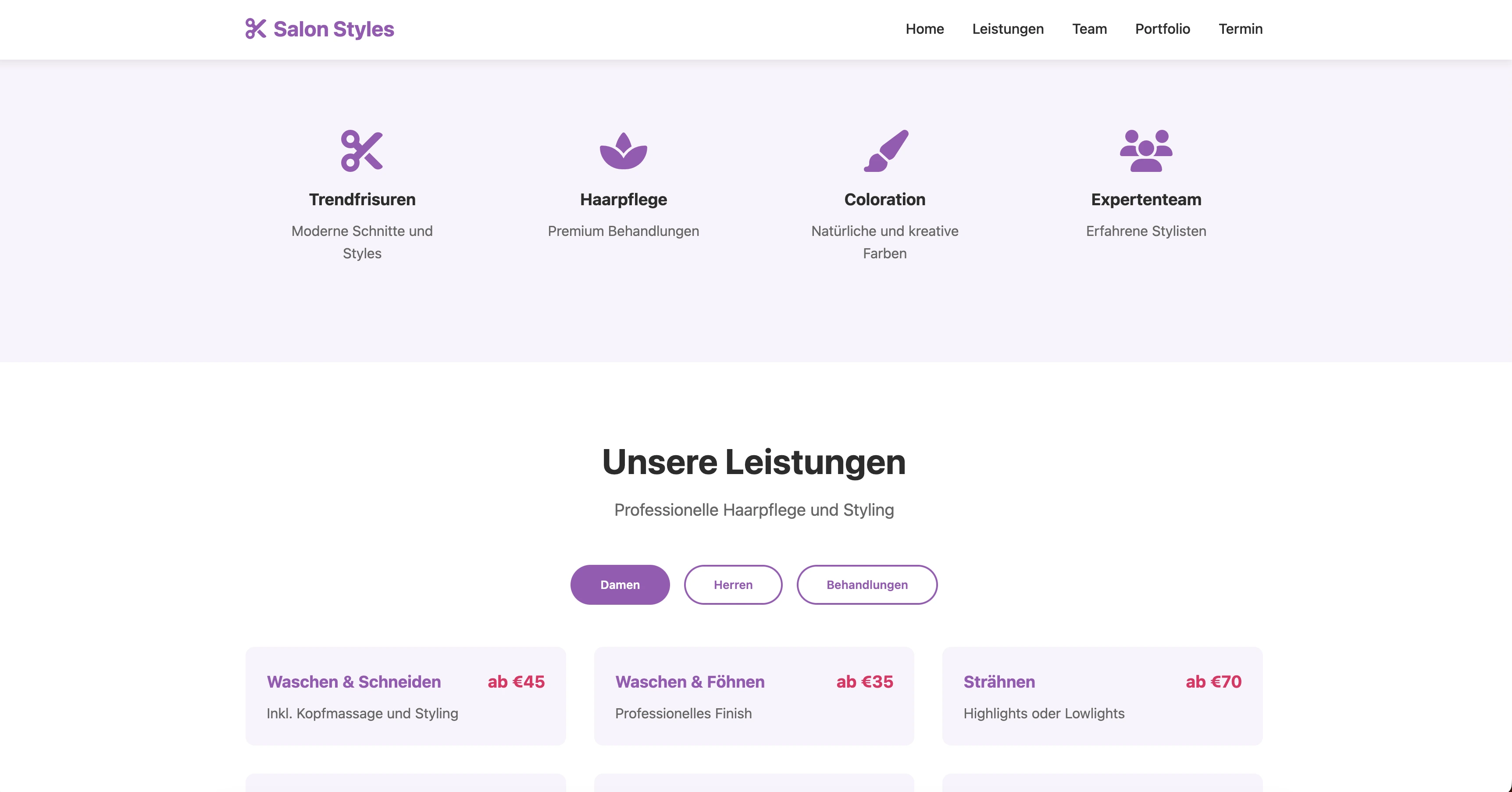 Salon Styles - Demo-Website für Friseursalons mit Service-Übersicht und Terminbuchung
