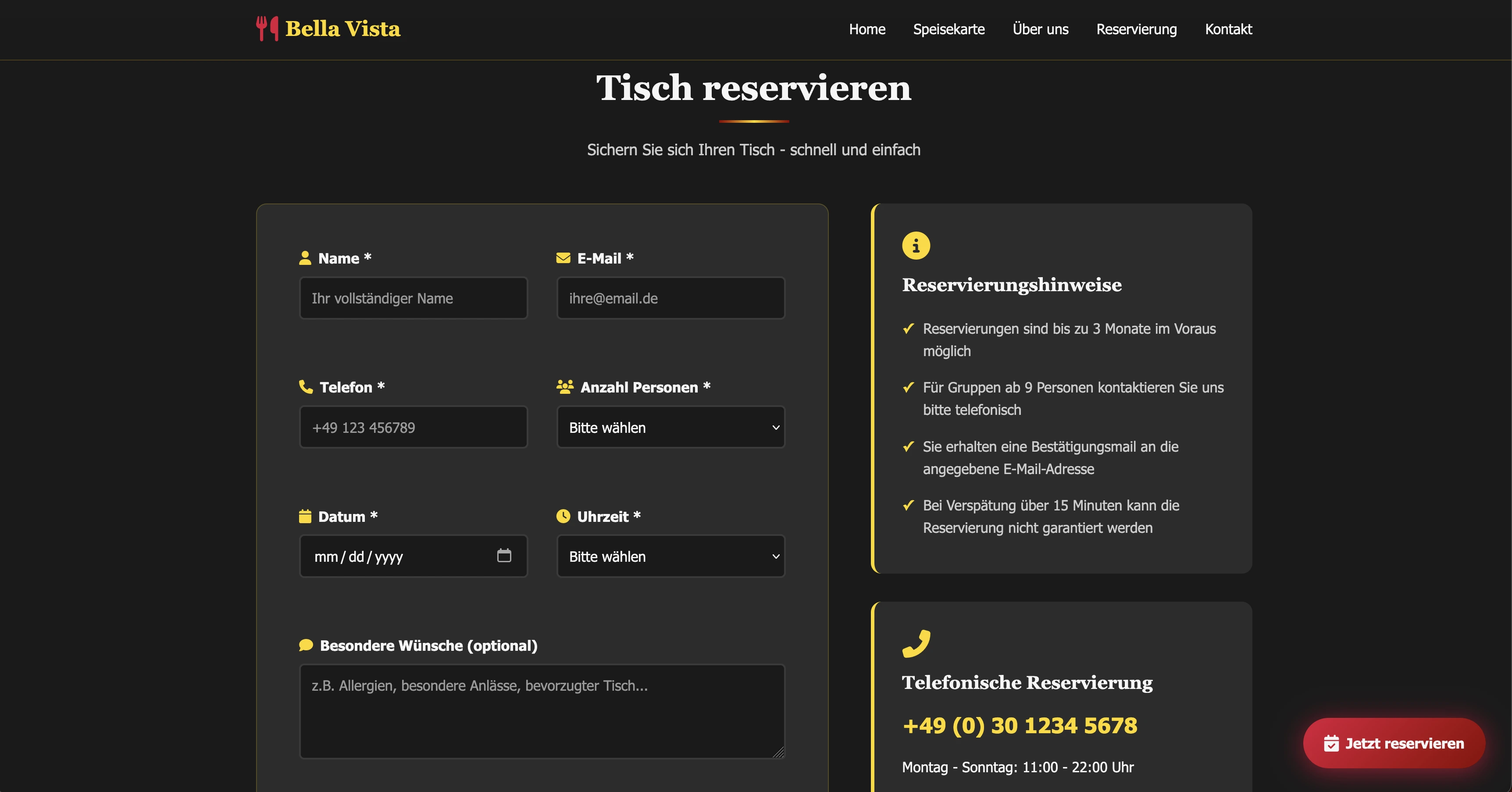 Restaurant Bella Vista - Demo-Website für italienische Restaurants mit Speisekarte und Reservierung